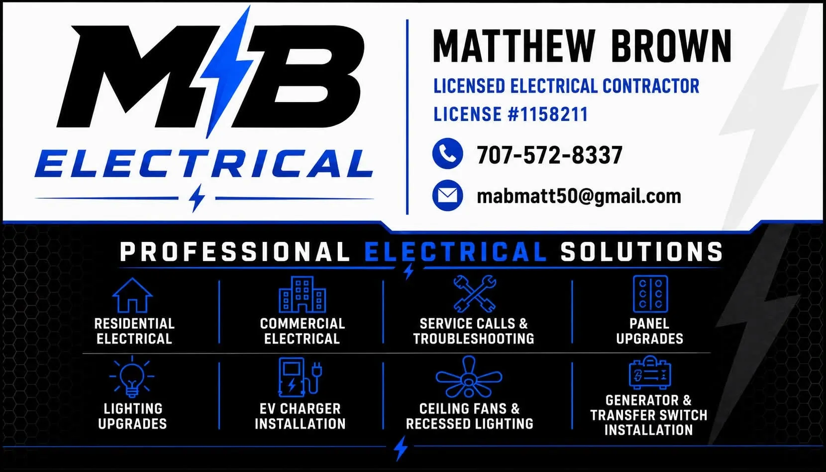 MB Electrical contact card listing Matthew Brown, license number, phone, email, and electrical services